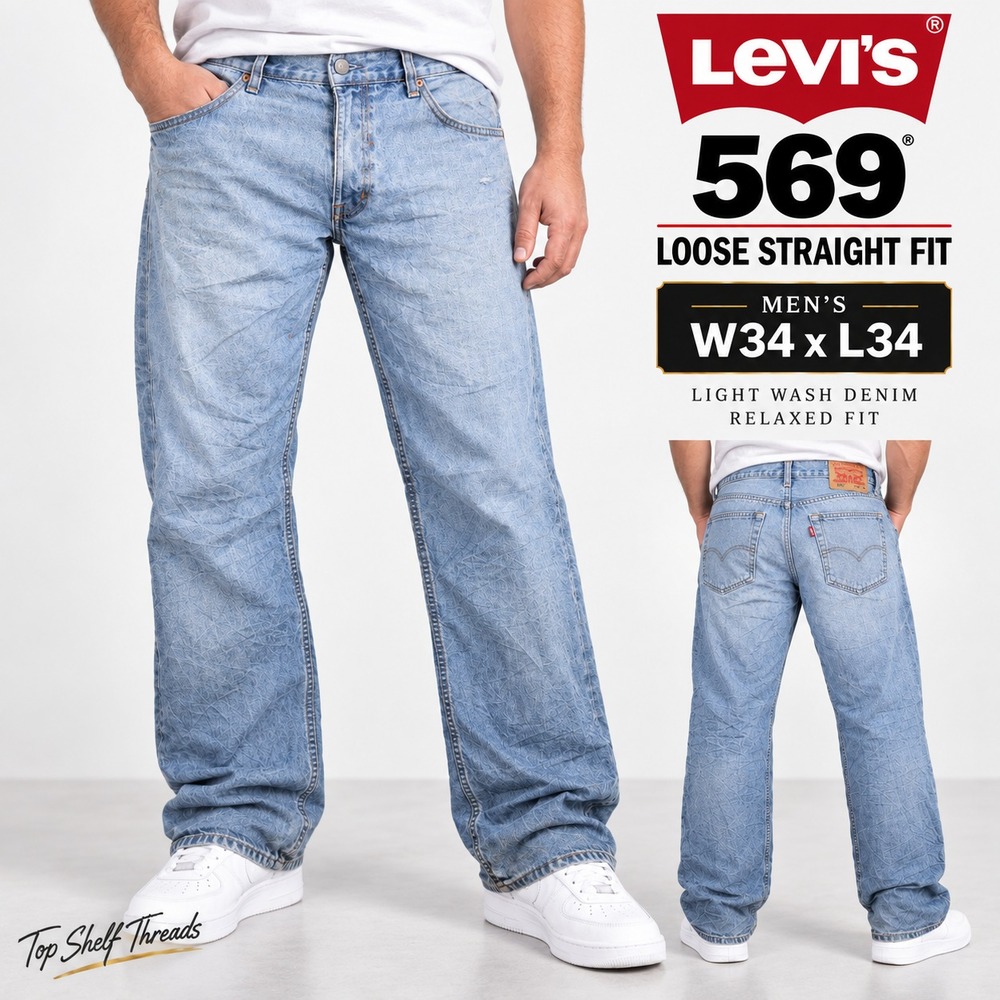 Levi's 569 Loose Straight Fit Men W34 L34 Light Wash Jeans Skater Zip Fly Blue